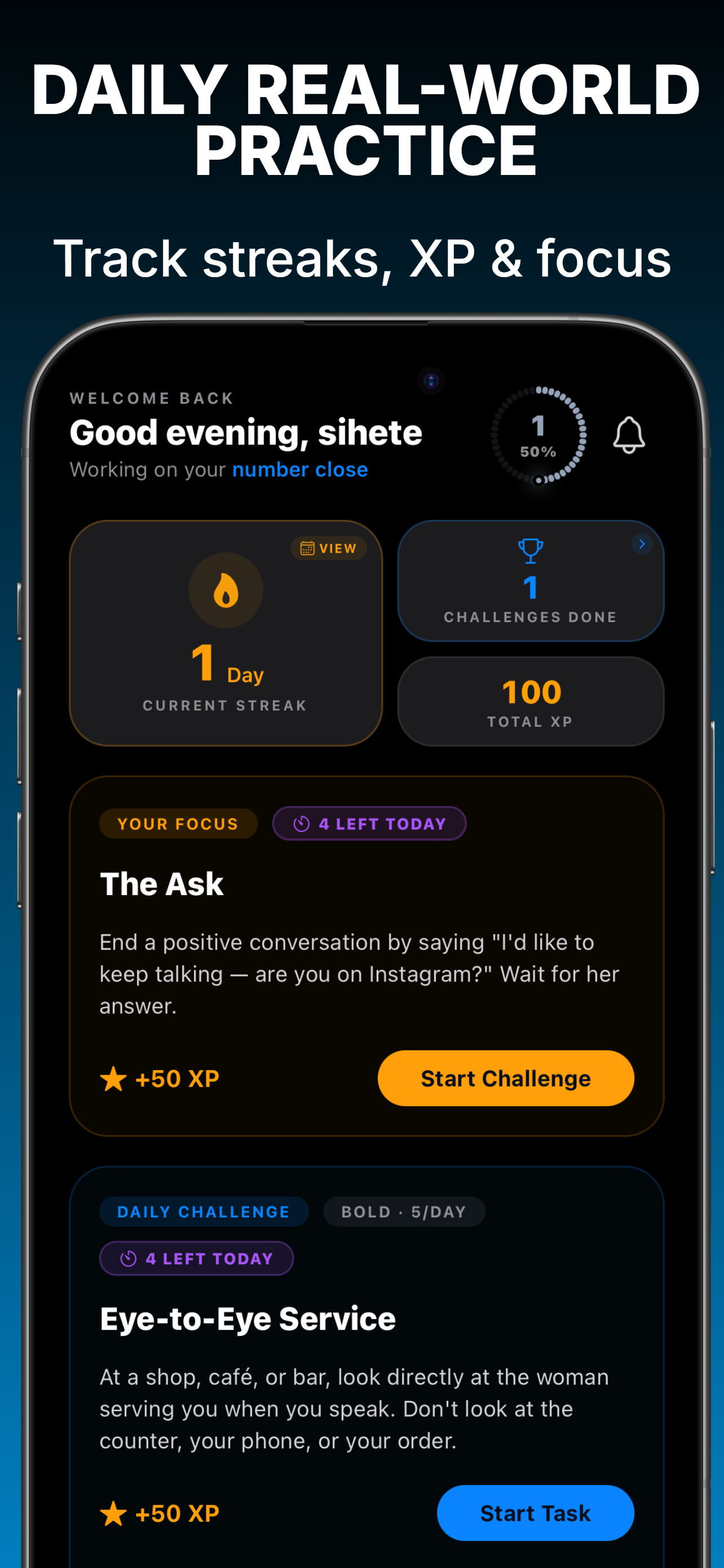 BoldStep daily practice screen with streak, XP, and daily focus